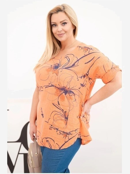 Dámska bavlnená blúzka Plus Size s krátkym rukávom a vreckom oranžová