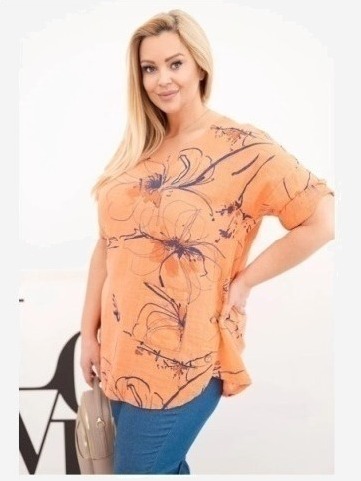 Dámska bavlnená blúzka Plus Size s krátkym rukávom a vreckom oranžová
