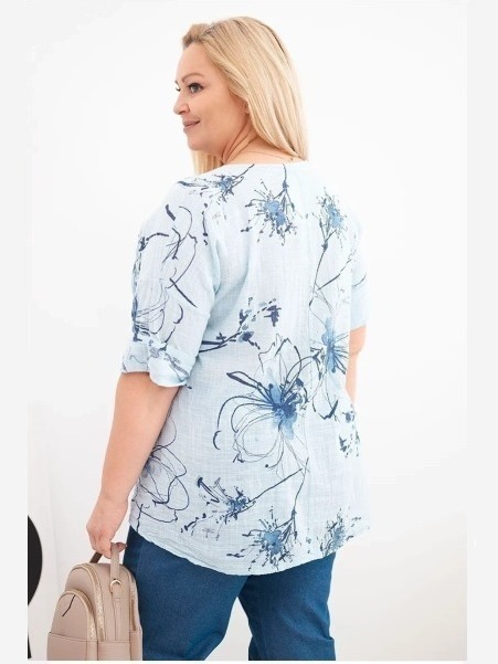Dámska bavlnená blúzka Plus Size s krátkym rukávom a vreckom modrá