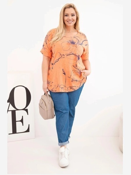 Dámska bavlnená blúzka Plus Size s krátkym rukávom a vreckom oranžová
