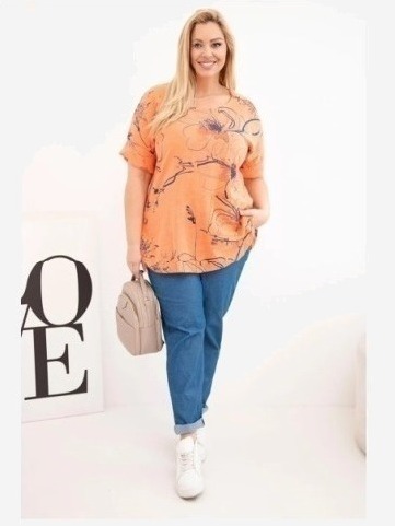 Dámska bavlnená blúzka Plus Size s krátkym rukávom a vreckom oranžová