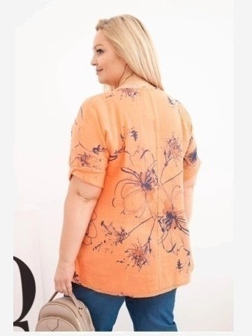 Dámska bavlnená blúzka Plus Size s krátkym rukávom a vreckom oranžová