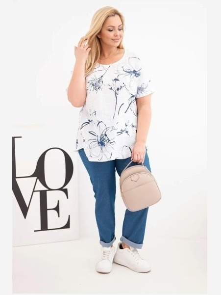 Dámska bavlnená blúzka Plus Size s krátkym rukávom a vreckom biela