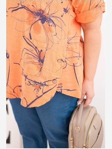 Dámska bavlnená blúzka Plus Size s krátkym rukávom a vreckom oranžová
