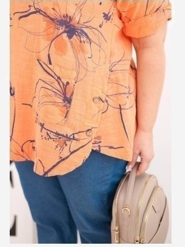 Dámska bavlnená blúzka Plus Size s krátkym rukávom a vreckom oranžová