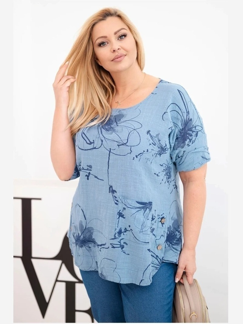 Dámska bavlnená blúzka Plus Size s krátkym rukávom a vreckom džínová