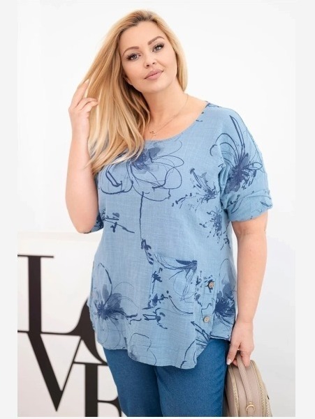 Dámska bavlnená blúzka Plus Size s krátkym rukávom a vreckom džínová