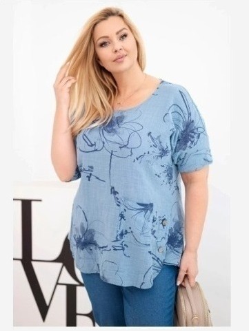 Dámska bavlnená blúzka Plus Size s krátkym rukávom a vreckom džínová