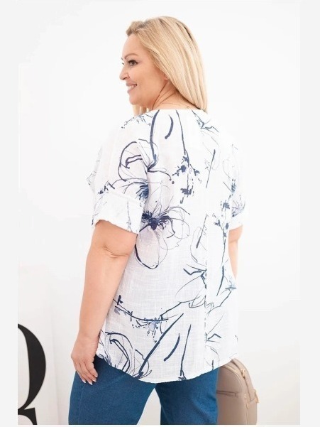 Dámska bavlnená blúzka Plus Size s krátkym rukávom a vreckom biela