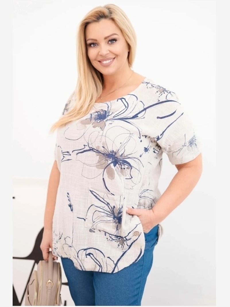 Dámska bavlnená blúzka Plus Size s krátkym rukávom a vreckom béžová