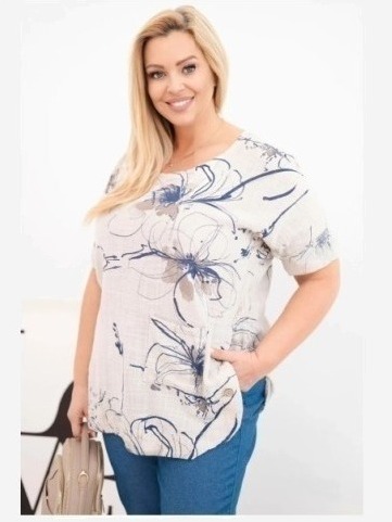 Dámska bavlnená blúzka Plus Size s krátkym rukávom a vreckom béžová