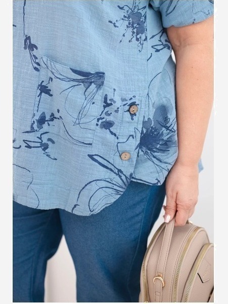 Dámska bavlnená blúzka Plus Size s krátkym rukávom a vreckom džínová