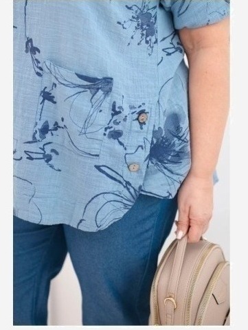 Dámska bavlnená blúzka Plus Size s krátkym rukávom a vreckom džínová