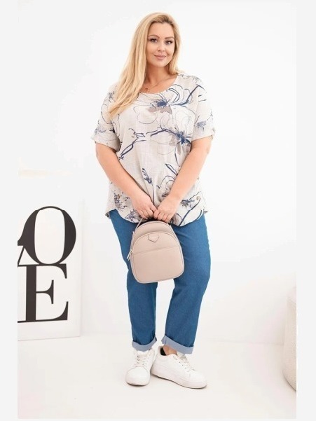 Dámska bavlnená blúzka Plus Size s krátkym rukávom a vreckom béžová