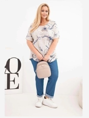 Dámska bavlnená blúzka Plus Size s krátkym rukávom a vreckom béžová