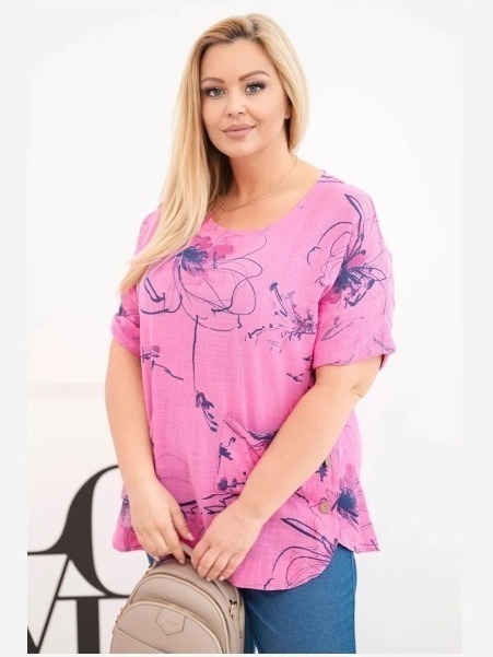 Dámska bavlnená blúzka Plus Size s krátkym rukávom a vreckom ružová