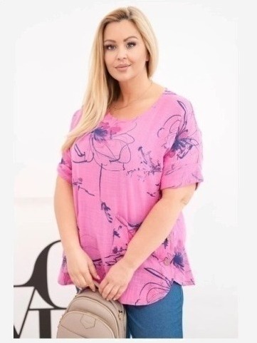 Dámska bavlnená blúzka Plus Size s krátkym rukávom a vreckom ružová