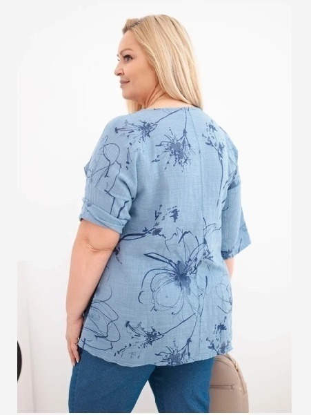 Dámska bavlnená blúzka Plus Size s krátkym rukávom a vreckom džínová