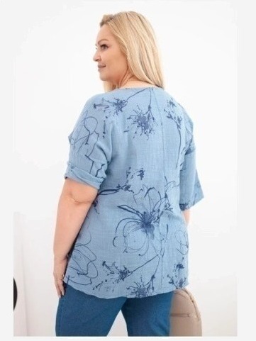 Dámska bavlnená blúzka Plus Size s krátkym rukávom a vreckom džínová