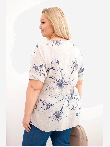 Dámska bavlnená blúzka Plus Size s krátkym rukávom a vreckom béžová