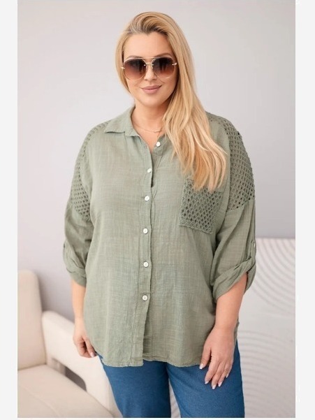 Dámska viskózová košeľa Plus Size s golierom a čipkovou vsadkou khaki