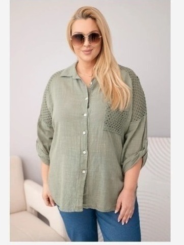 Dámska viskózová košeľa Plus Size s golierom a čipkovou vsadkou khaki