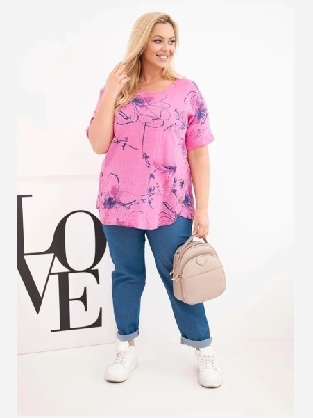 Dámska bavlnená blúzka Plus Size s krátkym rukávom a vreckom ružová