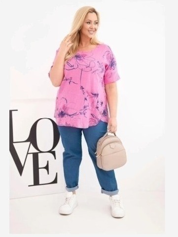 Dámska bavlnená blúzka Plus Size s krátkym rukávom a vreckom ružová
