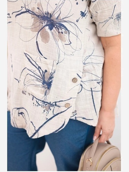 Dámska bavlnená blúzka Plus Size s krátkym rukávom a vreckom béžová