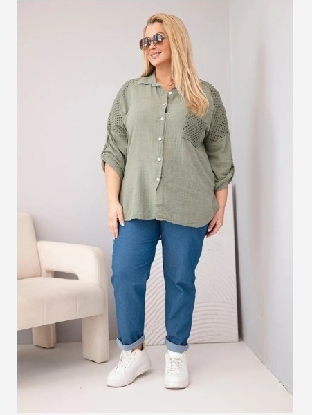 Dámska viskózová košeľa Plus Size s golierom a čipkovou vsadkou khaki