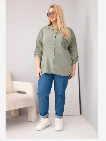 Dámska viskózová košeľa Plus Size s golierom a čipkovou vsadkou khaki