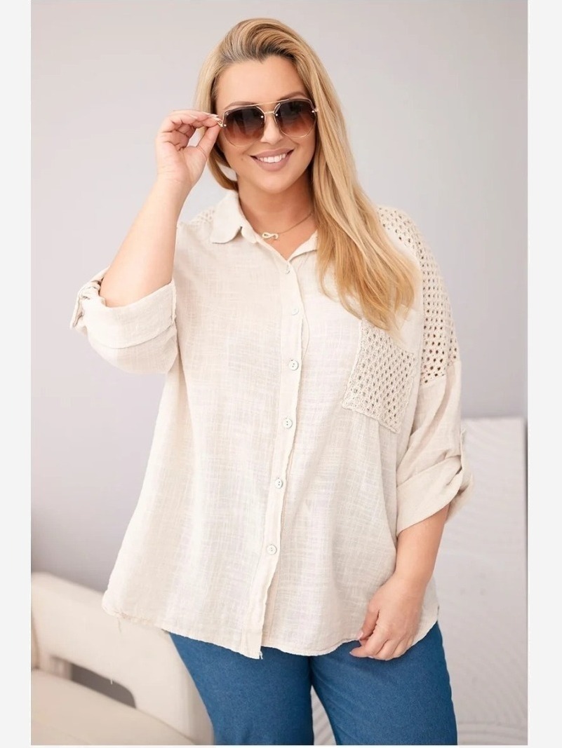 Dámska viskózová košeľa Plus Size s golierom a čipkovou vsadkou béžová