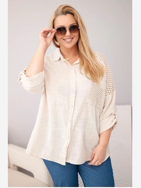 Dámska viskózová košeľa Plus Size s golierom a čipkovou vsadkou béžová