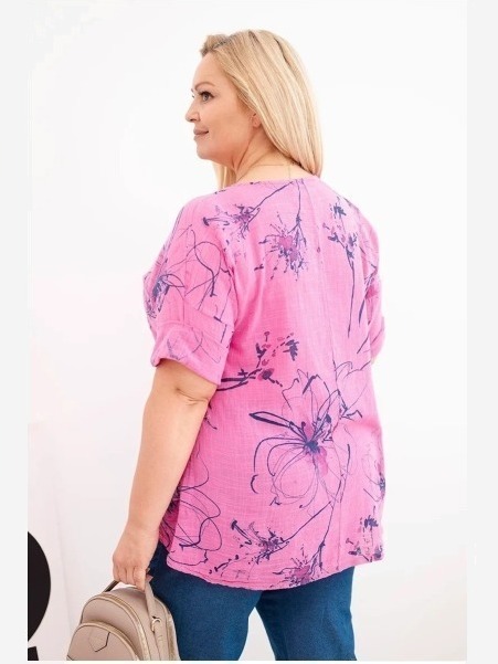 Dámska bavlnená blúzka Plus Size s krátkym rukávom a vreckom ružová