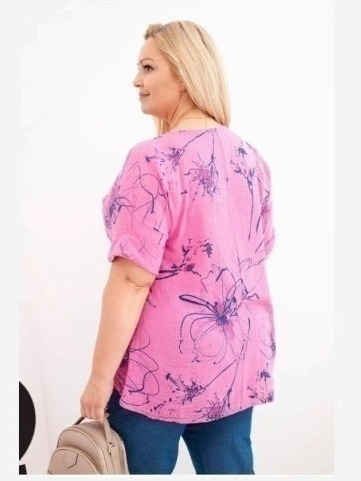 Dámska bavlnená blúzka Plus Size s krátkym rukávom a vreckom ružová
