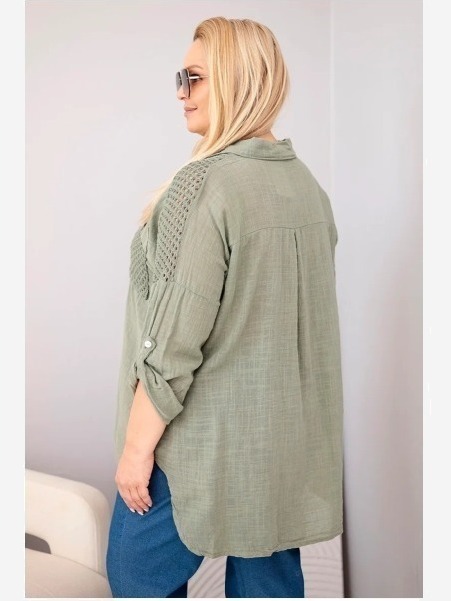 Dámska viskózová košeľa Plus Size s golierom a čipkovou vsadkou khaki