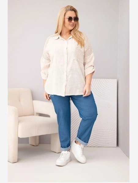 Dámska viskózová košeľa Plus Size s golierom a čipkovou vsadkou béžová
