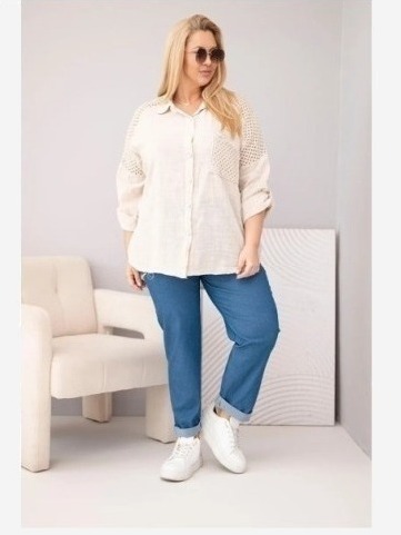 Dámska viskózová košeľa Plus Size s golierom a čipkovou vsadkou béžová