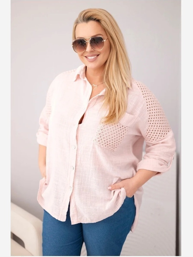 Dámska viskózová košeľa Plus Size s golierikom a čipkovou vsadkou tmavý púdrový ružový