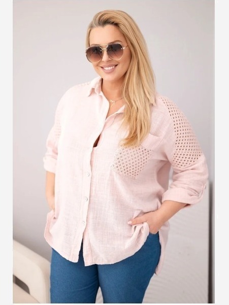 Dámska viskózová košeľa Plus Size s golierikom a čipkovou vsadkou tmavý púdrový ružový