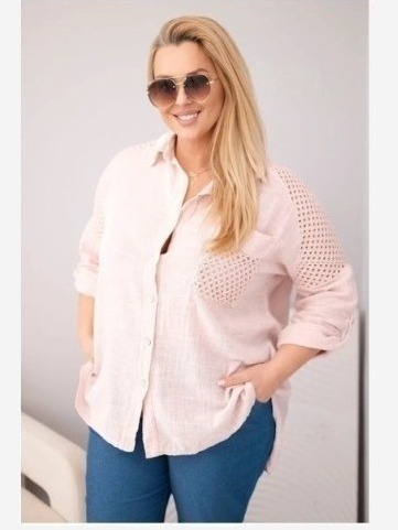 Dámska viskózová košeľa Plus Size s golierikom a čipkovou vsadkou tmavý púdrový ružový