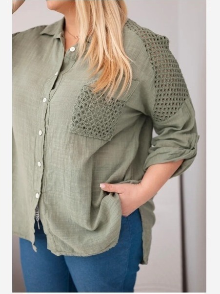 Dámska viskózová košeľa Plus Size s golierom a čipkovou vsadkou khaki