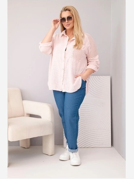 Dámska viskózová košeľa Plus Size s golierikom a čipkovou vsadkou tmavý púdrový ružový
