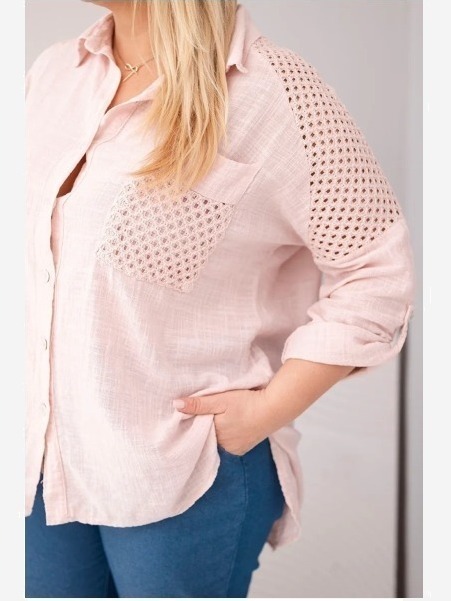 Dámska viskózová košeľa Plus Size s golierikom a čipkovou vsadkou tmavý púdrový ružový
