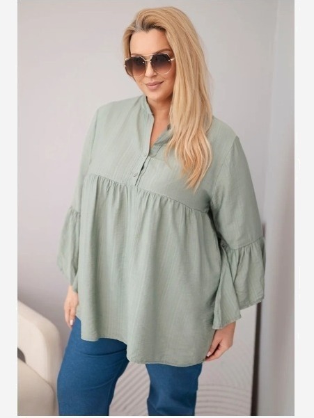 Dámska viskózová blúzka Plus Size s volánovým rukávom a výstrihom do V khaki