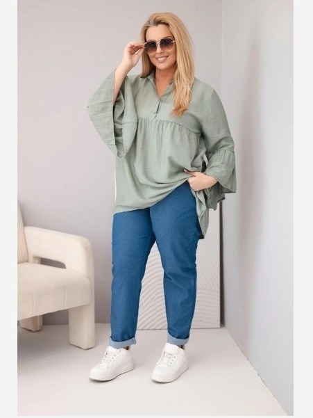 Dámska viskózová blúzka Plus Size s volánovým rukávom a výstrihom do V khaki