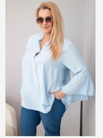 Dámska viskózová blúzka Plus Size s volánovým rukávom a výstrihom do V modrá