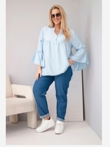 Dámska viskózová blúzka Plus Size s volánovým rukávom a výstrihom do V modrá