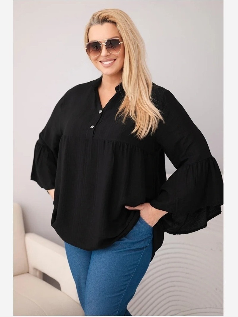 Dámska viskózová blúzka Plus Size s volánovým rukávom a výstrihom do V čierna