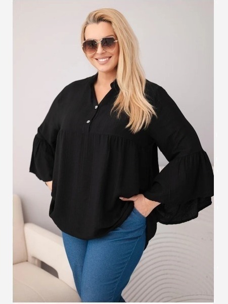 Dámska viskózová blúzka Plus Size s volánovým rukávom a výstrihom do V čierna
